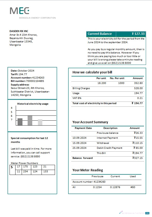Mongolia Energy Corporation (MEC) electricity business utility bill template in Word and PDF formats